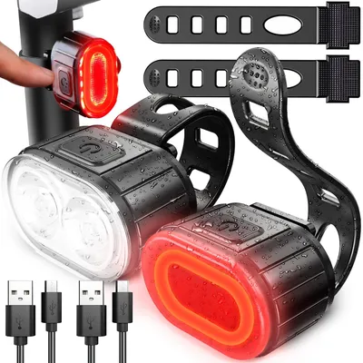 Produktbild von Fahrradlicht Set vorne und hinten, LED Fahrradlampe mit Front- und Rücklicht, USB aufladbar, wasserdicht IPX4, Akku 350mAh, Fahrradbeleuchtung Retoo