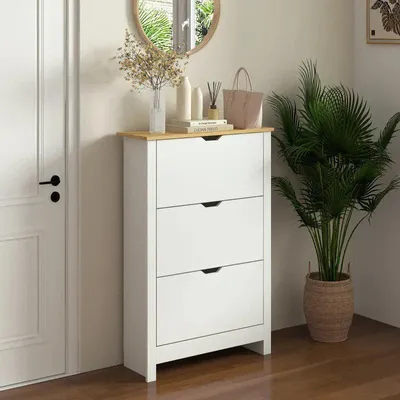 Image de Armoire à chaussures avec 3 portes - Rangement à chaussures | Couleur : Blanc + Naturel | Dimensions : 72 x 26 x 112 cm