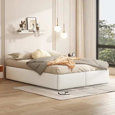 A bedroom scene with a white bed as the focal point, decorated with pillows and a throw blanket. A shelf with decorative items is mounted on the wall above the bed. A large window with curtains is visible on the right side of the image.
