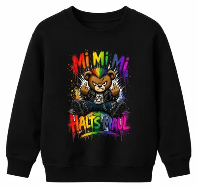 Produktbild von Mi Mi Mi Halts Maul Bär Punk Rocker Sarkasmus Teddy Kinder Sweatshirt Pullover, Schwarz, 116