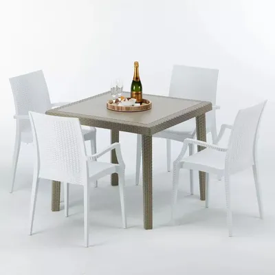 Produktbild von Polyrattan Tisch Quadratisch mit 4 Bunten Stühlen 90x90 Beige Elegance