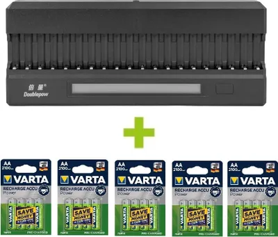 Obrázok produktu pre OXE Nabíjačka batérií AA na 20 ks, s displejom a 20 ks nabíjacích batérií Varta 56706 R6 2100mAh NIMH basic