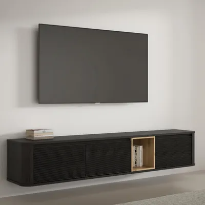 Produktbild von Forte BREATHTAKER TV-Schrank 220, modern minimalistisch, 3-türig, beleuchtetes Fach, Reliefstruktur, Holzwerkstoff, Cabezone/Artisan Eiche Holzdekor, 215 cm breit x 41,5 cm hoch x 41,3 cm tief