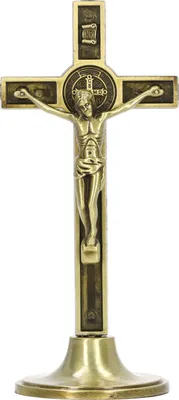 Immagine prodotto di Croce cattolica in piedi, realizzata a mano in lega di zinco, color rame, con base rimovibile, per decorazione da tavolo e da parete
