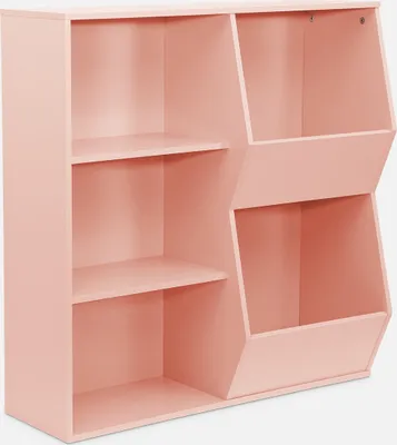 A pink shelf unit with two columns of storage.