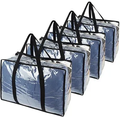 Image de Unyqoos® : Lot de 4 grands sacs de rangement transparents en PVC, 40 litres – avec fermeture éclair et larges poignées de transport, renforcés, étanches à l'eau et à la poussière, pliables