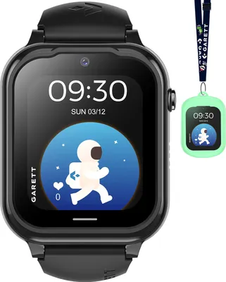 A black Garett Kids smartwatch is shown with a green protective case and lanyard to the right.