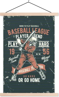 Produktbild von MuchoWow® Textilposter Vintage - Totenkopf - Baseball 120x180 cm mit holzfarbenen Rahmen - Textil-Plakat