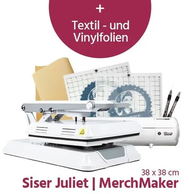 Produktbild von Siser Schneideplotter Juliet + MerchMaker 38x38 Pro Bundle mit Plotter & Transferpresse – Plotter für Plotten, Textildruck, Transferfolien, T-Shirts & DIY