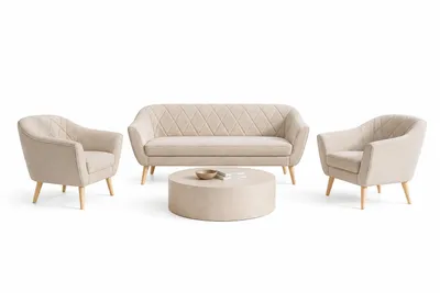 Produktbild von Sofello Gloria Wohnzimmerset 3+1+1 – Creme Samt Sofa Set mit 2 Sesseln | Skandinavische Couchgarnitur mit Holzfüßen