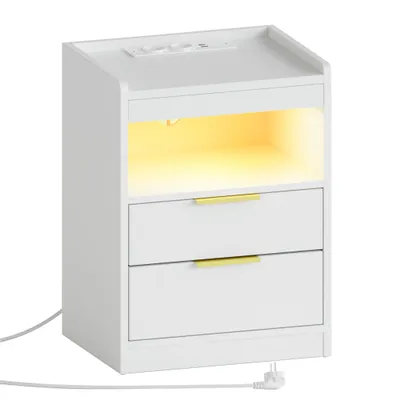 Produktbild von Mondeer Nachttisch mit LED-Beleuchtung & USB-Ladestation, Moderner Beistelltisch mit 2 Steckdosen, Doppel-USB, 3 Schubladen und Staufach Weiß