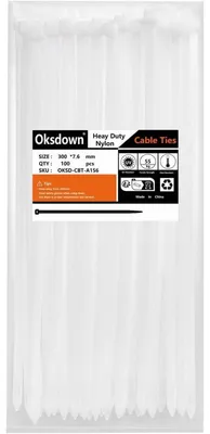 Obrázek produktu pro Stahovací pásky, 300 mm x 7,6 mm, extra silné, 100 kusů, bílé, odolné vůči UV záření, nylon, pevnost v tahu 55 kg