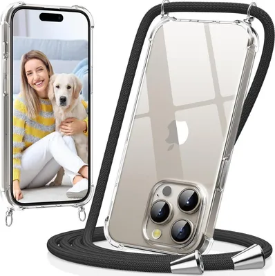 Productafbeelding van Telefoonklem compatibel met iPhone 15 Pro Max, zwart. Transparante hoes met band en bescherming tegen stoten
