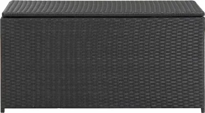 A black poly rattan garden box is shown from the front.