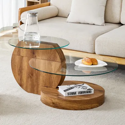 Produktbild von Moderner mehrschichtiger Couchtisch aus gehärtetem Glas – MDF-Träger mit natürlicher Holztextur, minimalistisches Design, vielseitig für Wohnzimmer, Farben optional