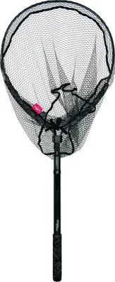 A fishing net with a black handle and black mesh net.