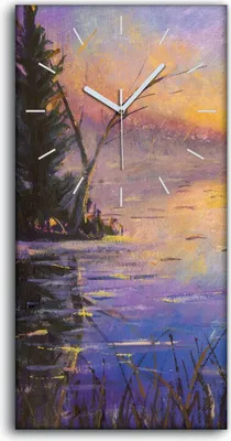 Produktbild von Wanduhr Uhr Wandbild Leinwand Geräuschlos 30x60 Malerei See Sonnenaufgang - weiße Hände