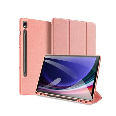 A pink tablet case with a tablet inside, displayed on a white background.
