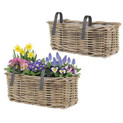 Produktbild von 2 x Blumenkasten "Marie" aus Weide für Geländer mit Folie und Halterung L 35 cm Geländerkasten Weide Blumenkästen aus Weide Balkonkasten Weide