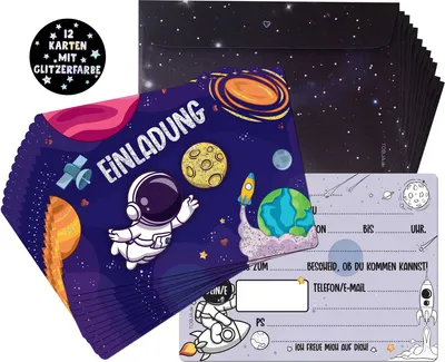 Produktbild von 12 Einladungskarten inkl. Umschläge "Astronauten Party"