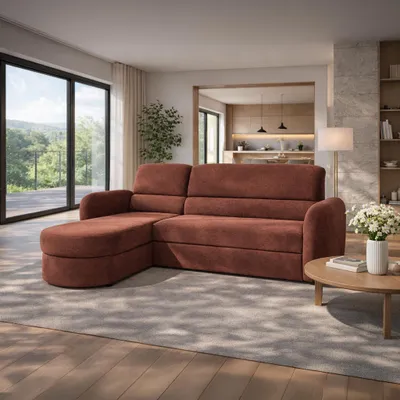 Produktbild von Ecksofa PRESTON, Wohnzimmer, modernes Schlafsofa Sofa 3-Sitzer Sofa freistehendes Polstersofa Bettkasten 246 cm linke Ottomane Rot Vinci 46