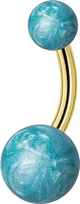 Produktbild von Karisma Edelstahl 316 L Gold Bauchnabel Steg Piercing mit 2 Edelstahl 5/8mm Enemal Kugeln Aqua Perle - 8.0 Millimeter