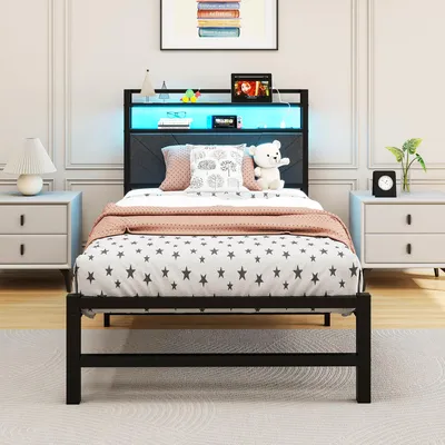 Bett 90x200 cm, Metall, LED, Ladestation, Kopfteil