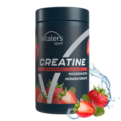 Obrázok produktu pre Vitaler's Sport Kreatín monohydrát – biologicky dostupný, mikronizovaný 200 mesh, vegánsky – 500 g, 100 porcií (jahoda)
