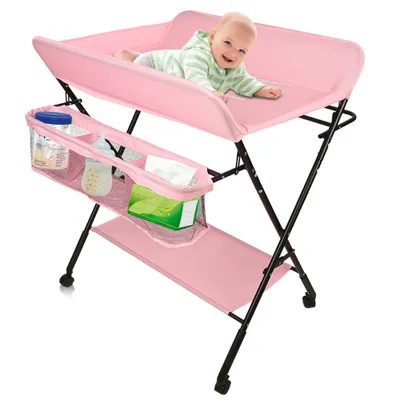 Produktbild von Baby Wickeltisch Klappbar Wickelkommode Wickelregal Wickelkombination 80x66x98cm Rosa