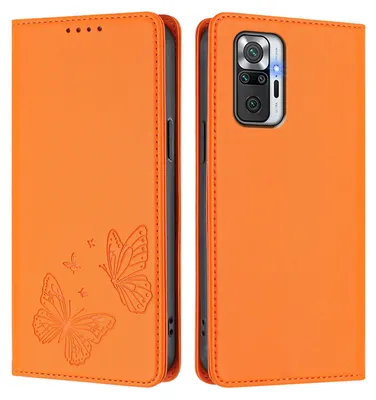 Obrázek produktu pro Kožené pouzdro pro Xiaomi Redmi Note 10 Pro/Note 10 Pro Max, motýlí ražbou, peněženkové flip pouzdro se stojánkem Oranžová