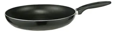 A black frying pan with a silver rim and a black handle is shown against a white background.