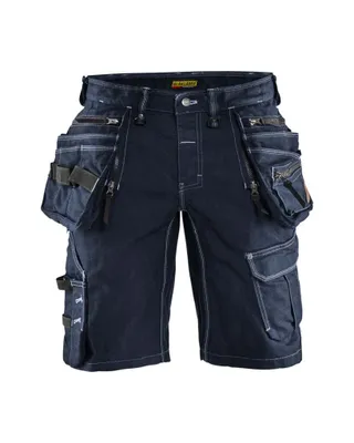 A pair of dark blue work shorts with multiple pockets and zippers, presented against a white background.