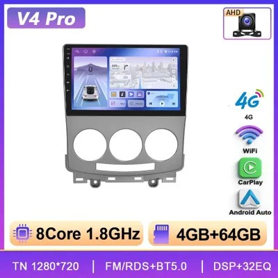 Image de Autoradio pour Mazda 5 (2007-2010) - Système multimédia Android 13 2-DIN V4Pro, 4G 64 Go, écran tactile 23 cm, CarPlay sans fil, 6 Go de RAM, 128 Go de ROM, GPS 4G, Wi-Fi, entrée pour caméra de recul AHD