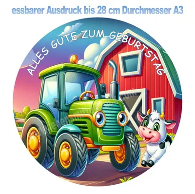 Produktbild von Traktor Bauernhof Kuh Geburtstag Tortenaufleger essbar in verschiedenen Größen bis 28 cm  13 cm