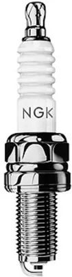 A close-up studio shot of a single NGK spark plug against a white background.
