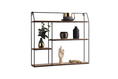 Produktbild von LIFA LIVING Eckiges Wandregal aus Holz und Metall mit 4 Böden, Modernes Schwarzes Schweberegal im Industrie Design, Modernes Hängeregal in 58 x 11 x 52 cm