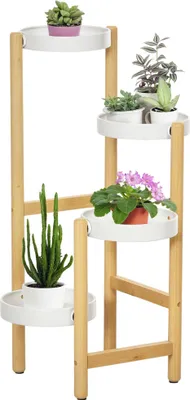 Image de Outsunny Support pour plantes piédestal étagère à fleurs avec 4 niveaux étagères rondes en bambou et métal pour extérieur intérieur 28 x 28 x 80 cm blanc