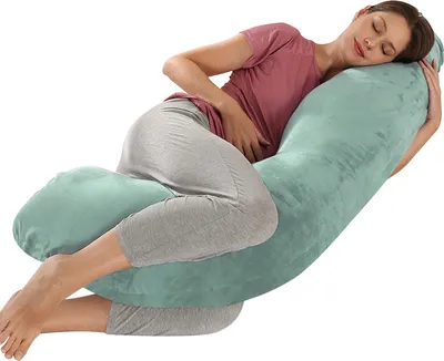 Image de (vert) Coussin de grossesse en forme de J Coussin d'allaitement pour dormir sur le côté Soutien de la tête et du cou pour le ventre 65 x 125 cm