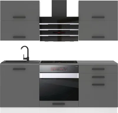 Produktbild von Belini Küchenzeile Küchenblock Emily - Küchenmöbel 180 cm Einbauküche Vollausstattung ohne Elektrogeräten mit Hängeschränke und Unterschränke, ohne Arbeitsplatten, Silber matt