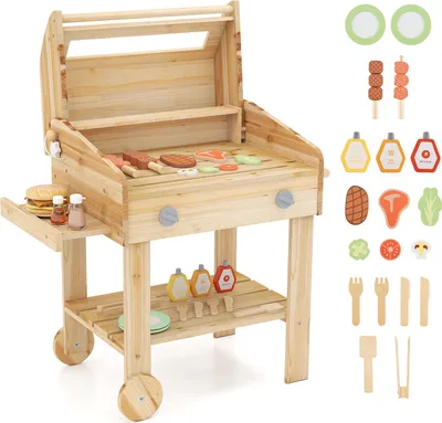 Produktbild von GOPLUS Kindergrill aus Holz, Kinder BBQ Grill Spielset mit Spielzeugessen, Grillwerkzeugen und Gewürzflaschen, Natur