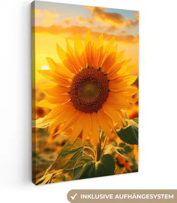 Produktbild von MuchoWow® - Leinwandbilder - Sonnenblume - Blumen - Gelb - Blumenfeld mit Sonnenblumen, Wandbild, Wanddeko Bilder Wohnzimmer, 80x120cm