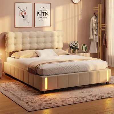 Obrázok produktu pre INONEFT Čalúnená posteľ 160x200 cm s LED osvetlením, hydraulická posteľ s pružinovou základňou a úložným priestorom, dvojposteľ s úložným priestorom, posteľ pre mládež, materiál: zamat, farba: béžová