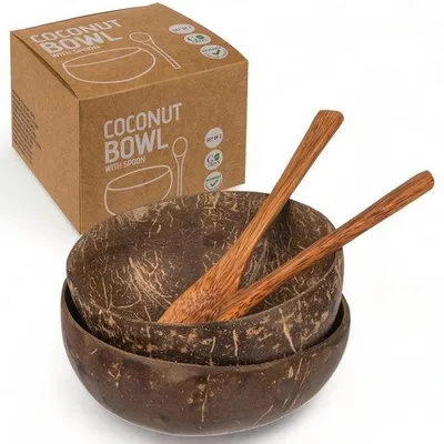 Produktbild von Famanu Kokosnusschalen Set - 2 Stück - Einzigartige Bowl-Kreationen - Braun - Umweltfreundliches Design - 13 x 13 x 6 cm