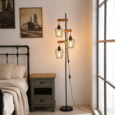 Produktbild von ZMH Stehlampe Wohnzimmer Holz Stehleuchte 3 flammig Wohnzimmerlampe Stehend Standlampe Leselampe Bodenlampe für Schlafzimmer Ohne Leuchtmittel