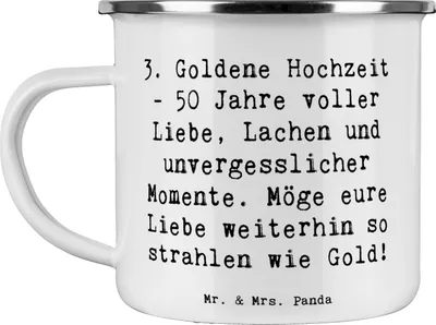 Produktbild von Mr. & Mrs. Panda becher emaille Spruch 50. Hochzeitstag - Weiß - Geschenk, Hochzeit, Pott, Hochzeitsfeier, wanderbecher, unerschütterliche Liebe, strahlen wie Gold, Tasse