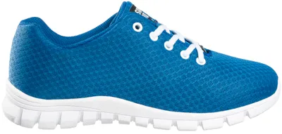A side view of a blue athletic shoe with white laces and a white sole.