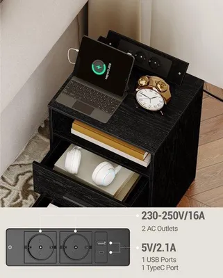 Immagine prodotto di Comodino con funzione di ricarica e illuminazione a LED - Mobile compatto con 1 vano aperto e 2 cassetti