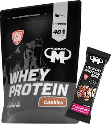 Produktbild von Mammut Nutrition - Whey Protein 1000 g Beutel - 40 Portionen Eiweiß + GRATIS Protein Bar (Raspberry White Chocolate), Geschmack: Cookies