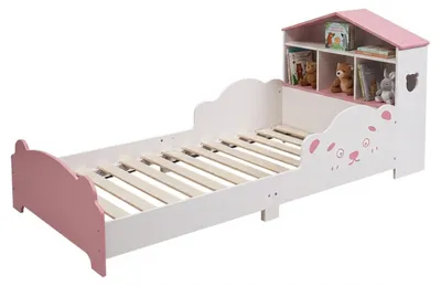 Obrázok produktu pre Detská postieľka Relaxdays, 70 x 140 cm, polička v tvare domčeka, detská postieľka s bočnicami proti vypadnutiu, rošt, motív medvedíka, biela/ružová