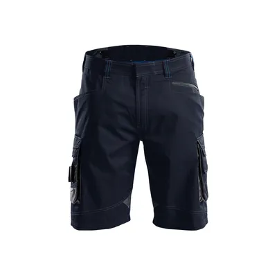 A pair of navy blue work shorts with gray accents, presented on a white background.